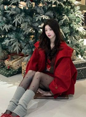 法式气质新年圣诞战袍小红帽毛呢外套冬季高级感小个子呢子大衣女