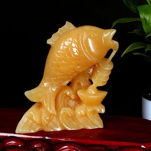 天然米黄玉鲤鱼跃龙门摆件年年有鱼家居玉石玉器摆件玉鱼鲤鱼摆件
