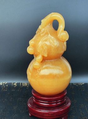 手工雕刻天然玉石米黄玉葫芦摆件手工风水桌面平安客厅纳福工艺品