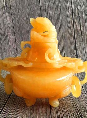 天然玉石摆件米黄玉香炉摆件花熏玉石雕刻三足鼎装饰品  择优配货