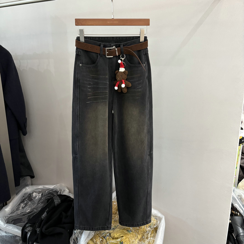 做旧风氛围系带加绒牛仔裤女潮