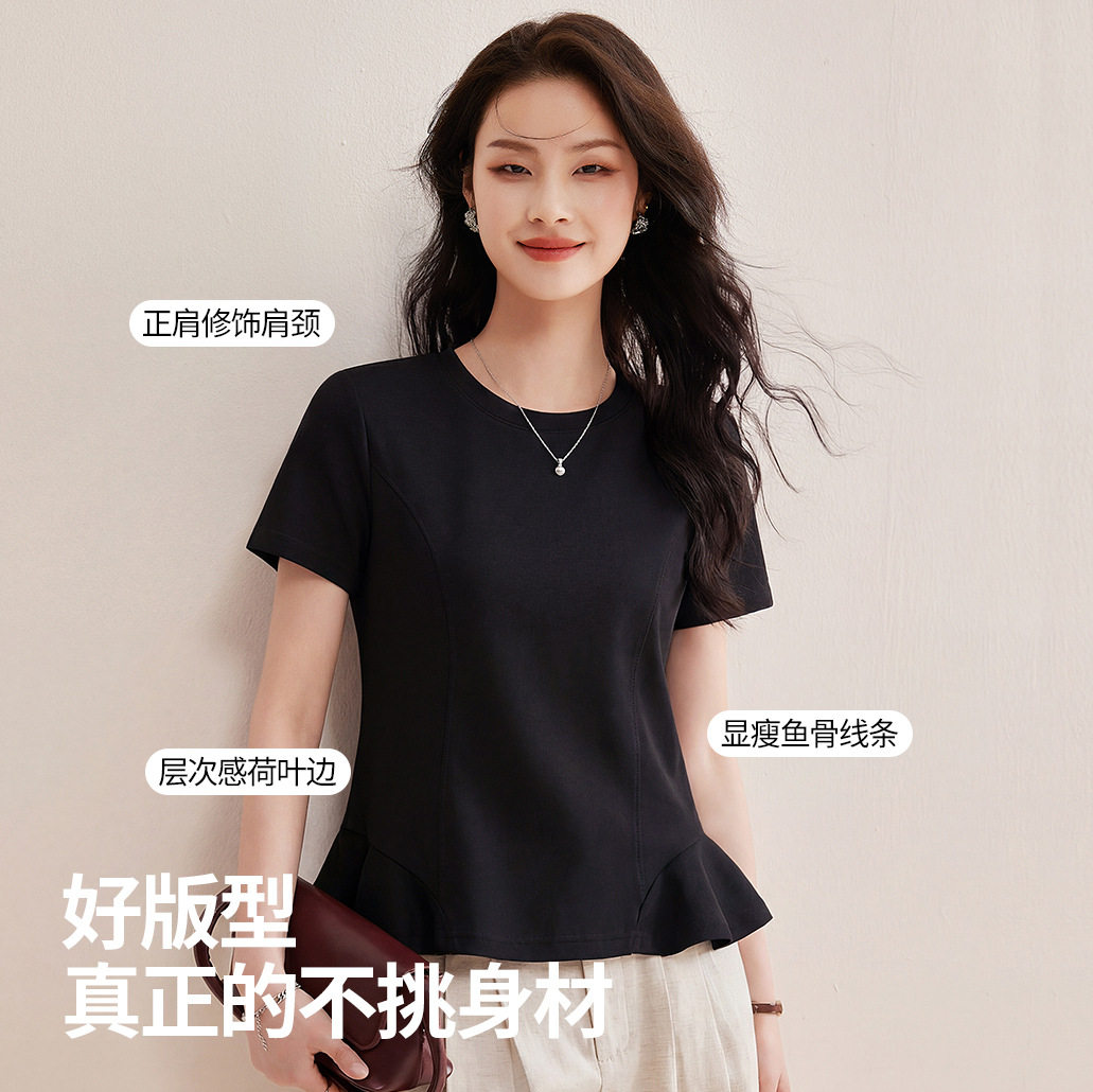 夏季白色荷叶边显瘦短袖T恤女