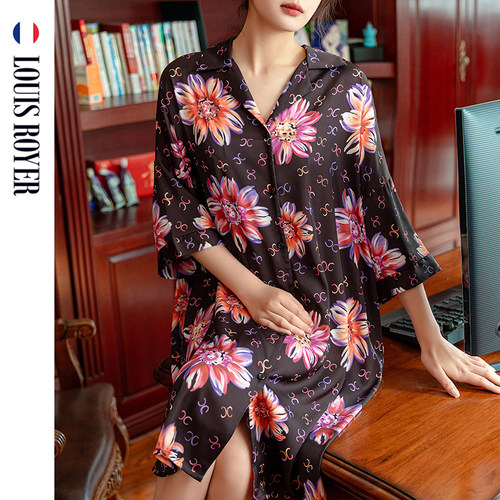 LOUIS ROYER利蜂夏季珠光缎面霓虹都市衬衫式睡裙女士家居服睡衣