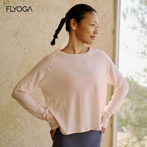 FLYOGA飞蓝瑜伽服健身运动羊毛防晒罩衫长袖T恤宽松圆领上衣女夏