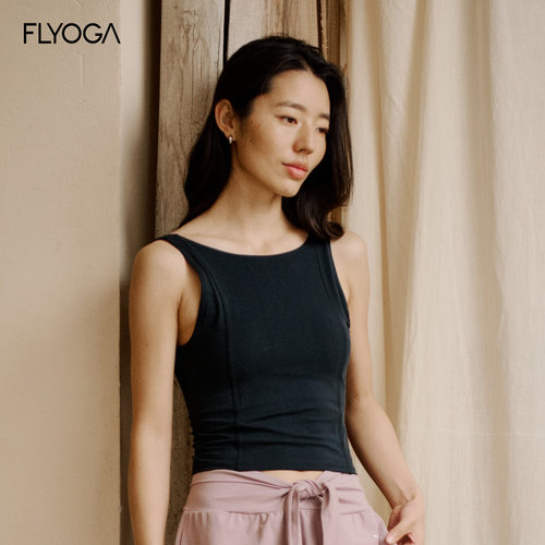 FLYOGA飞蓝瑜伽服云麻健身普拉提运动带胸垫黑色训练背心上衣女夏