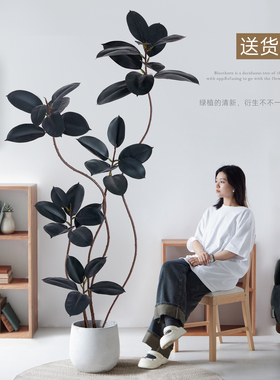 彷真绿色植物盆栽室内大型橡皮树高端轻奢假生植物客厅装饰摆件沙