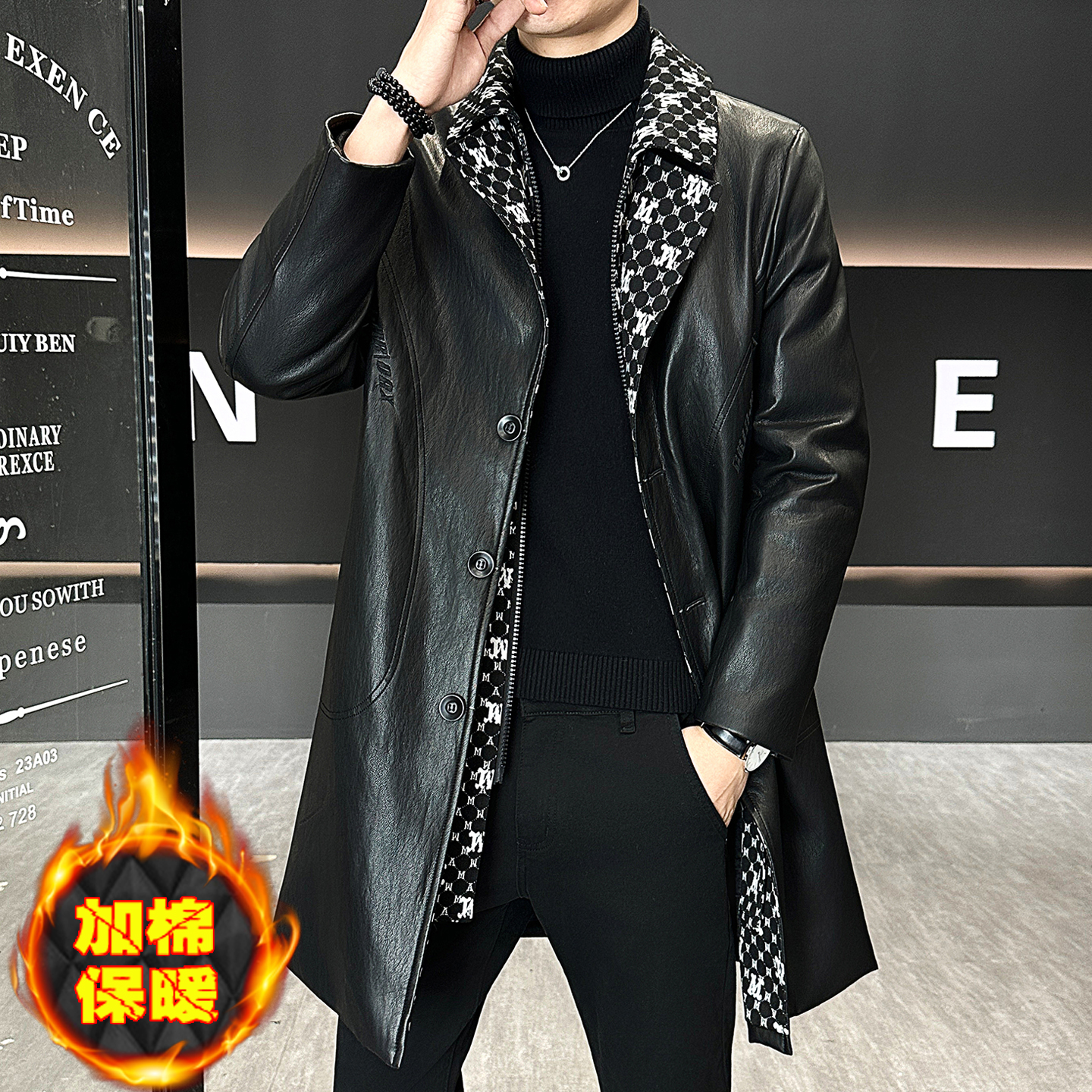 痞帅中长款加棉加厚皮衣男士冬季西装领潮流大衣保暖防寒风衣外套