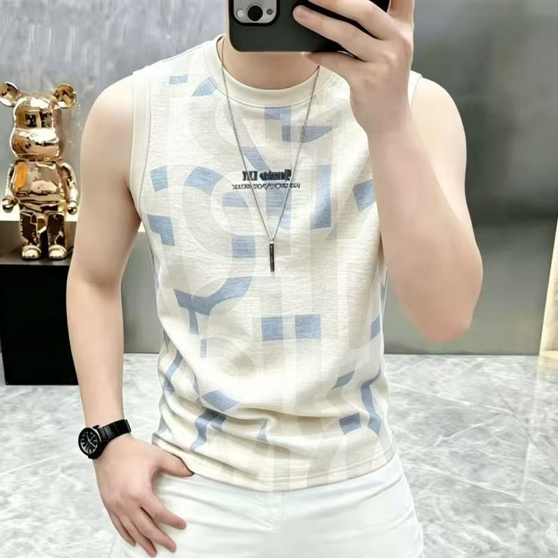 男士冰丝无袖T恤夏季薄款高级感印花上衣服潮牌圆领坎肩修身背心图片