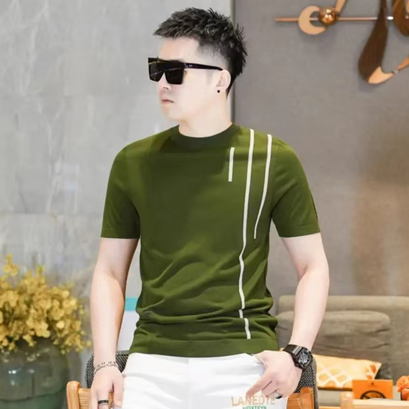 短袖男士夏季t恤2025新款伊力特欧货薄款冰丝针织条纹圆领打底衫