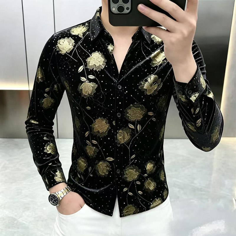 轻奢时尚丝绒烫金长袖衬衫男士春秋季高级感玫瑰花衬衣发型师上衣图片