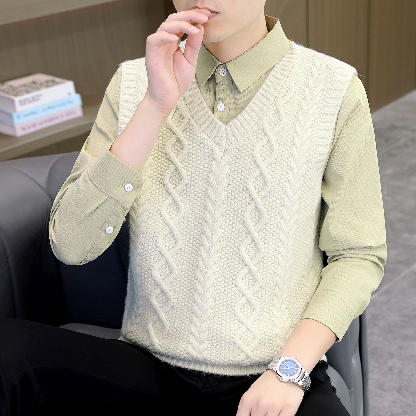 衬衫领提花套头毛衣男士秋冬季针织背心假两件坎肩马甲内搭打底衫