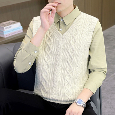 衬衫领提花套头毛衣男士秋冬季针织背心假两件坎肩马甲内搭打底衫