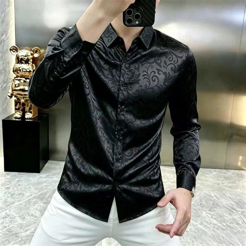 轻熟风长袖衬衫男士2026新款秋季高级感暗纹印花痞帅修身帅气衬衣