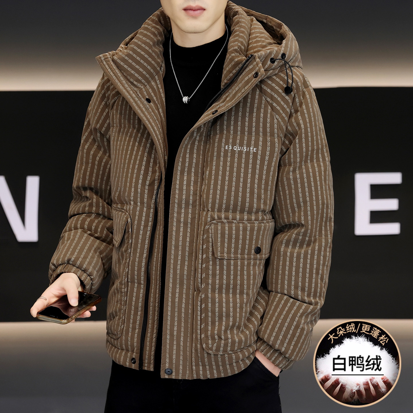 潮牌欧货羽绒服男冬季加厚保暖短款鸭绒防寒服冬装时尚竖条纹外套