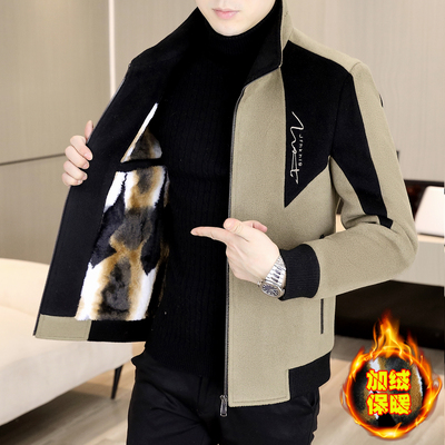 冬季加绒加厚立领毛呢夹克男士时尚撞色休闲保暖短款呢子大衣外套