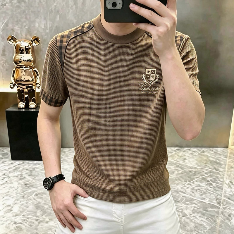 欧洲站休闲圆领短袖T恤男士老钱风夏季潮流拼接刺绣薄款半袖上衣