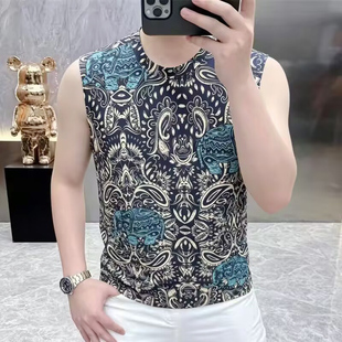 潮牌无袖背心男士帅气大象印花修身无袖T恤欧货坎肩圆领外穿个性