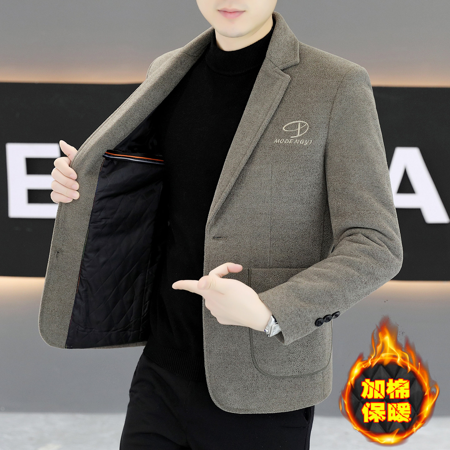 男士加棉加厚毛呢西装秋冬季高端商务休闲单西保暖外套呢子小西服