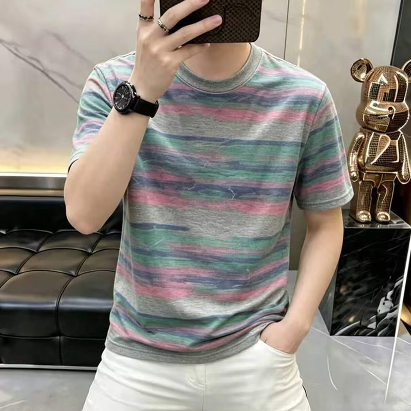 韩版潮牌彩色条纹短袖T恤男夏天圆领薄款透气体恤衫潮流帅气欧货