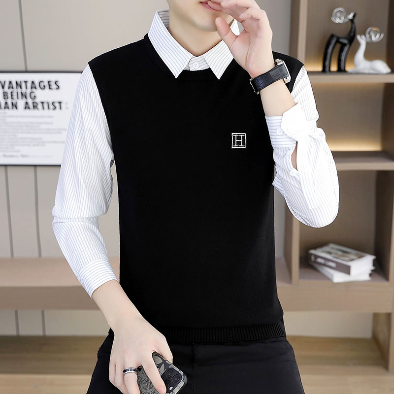 衬衫领打底衫男士商务休闲秋冬季长袖条纹衬衣背心假两件针织毛衣