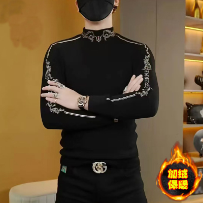 欧货重工烫钻卫衣男士冬季加绒加厚潮牌个性半高领保暖打底衫上衣