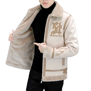 羊羔毛领麂皮绒夹克外套机车棉服男款冬季潮牌加绒加厚痞帅棉袄衣