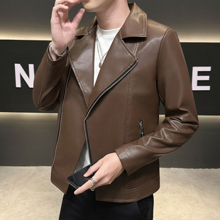 春秋季男士短款翻领皮衣外套韩版潮流炸街机车服白色PU皮夹克风衣