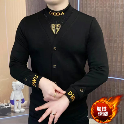 假两件长袖加绒加厚卫衣男士冬季痞帅气刺绣高品质半高领保暖上衣