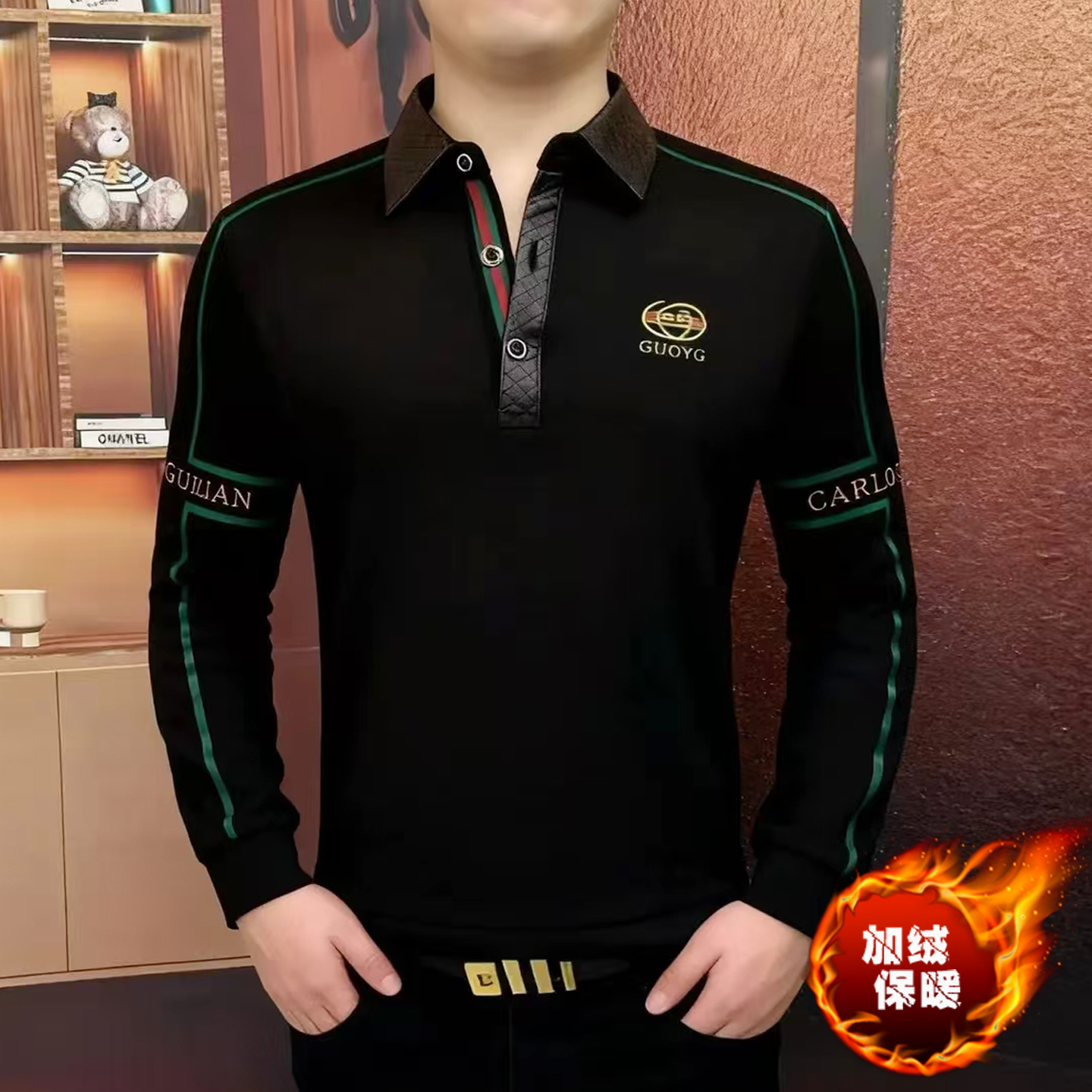 欧货轻奢男士高端翻领加绒加厚卫衣冬季时尚百搭保暖长袖POLOT恤