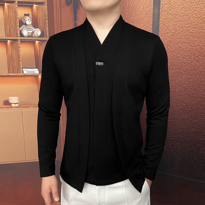 男士高端V领长袖T恤春秋季轻奢潮流假两件卫衣青年痞帅气上衣外套