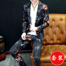 发型师韩版花色西服套装男士韩版夜场帅气秋季休闲小西装潮两件套
