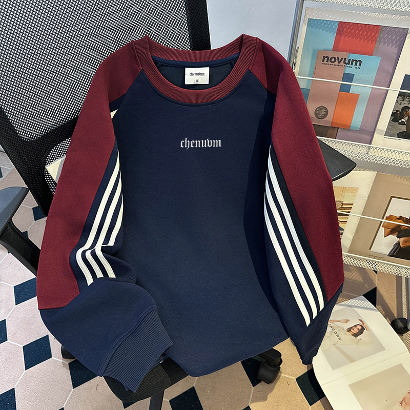美式三条杆拼接撞色圆领卫衣男26