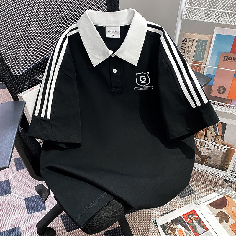 CHENUVM夏季纯棉短袖POLO衫男2026新款重磅t恤翻领拼接宽松体恤潮