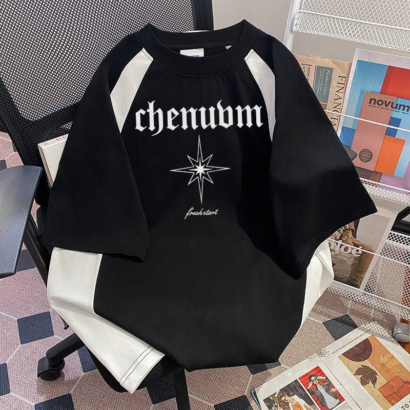 CHENUVM美式休闲四芒星字母印花圆领短袖T恤男夏宽松高街纯棉重磅