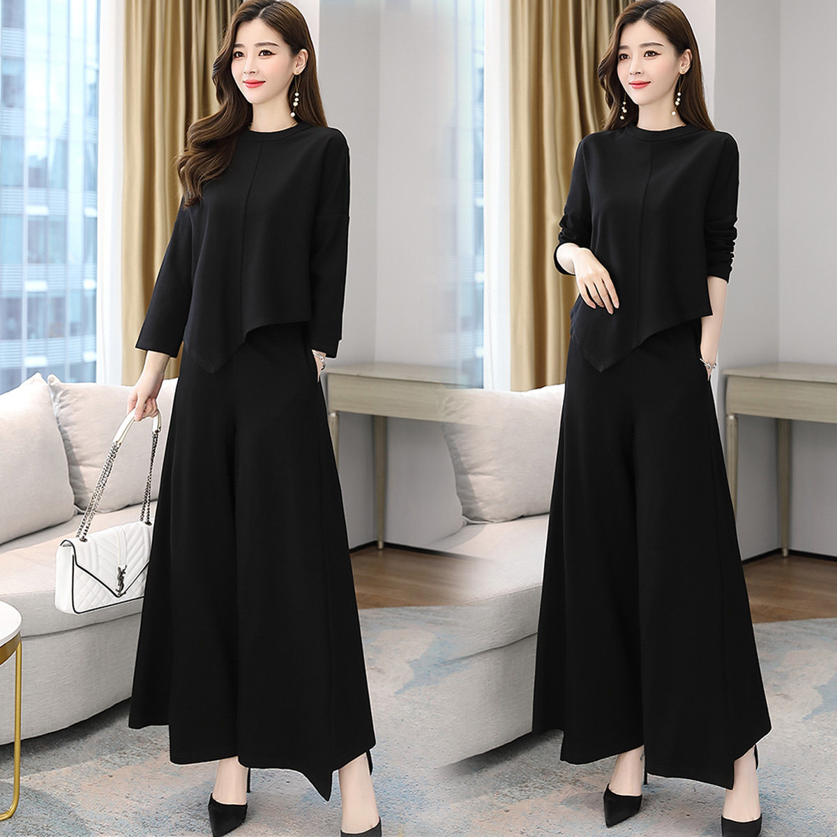 2020秋季新款韩版时尚套装女气质垂感阔腿裤洋气显瘦裙裤两件套潮