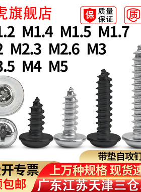 PWA圆头带垫片自攻螺丝钉加大十字盘头带介子螺钉2M3M3.5M4M5镍黑