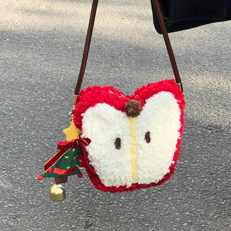 苹果包包圣诞羊羔毛毛绒包秋冬可爱手提斜挎单肩包红色洋气软萌包