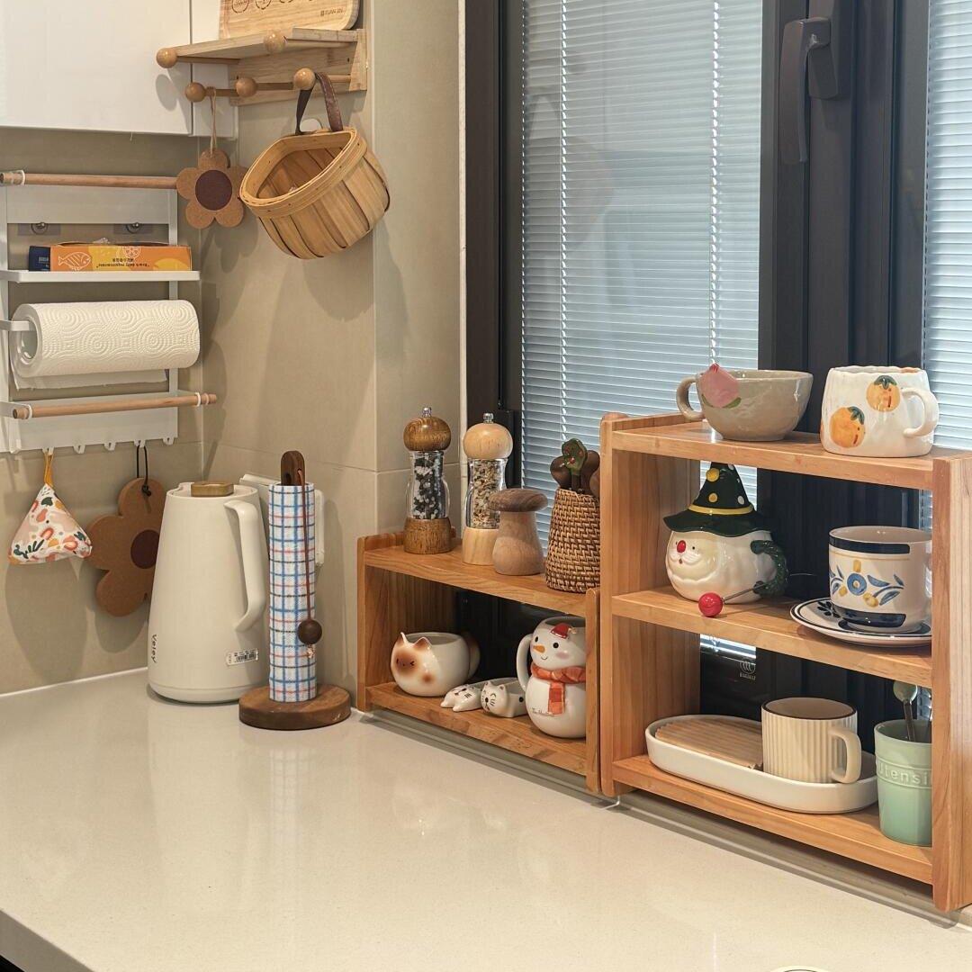 实木储物架厨房台面调味品架餐具柜水杯茶杯咖啡杯架多层储物架