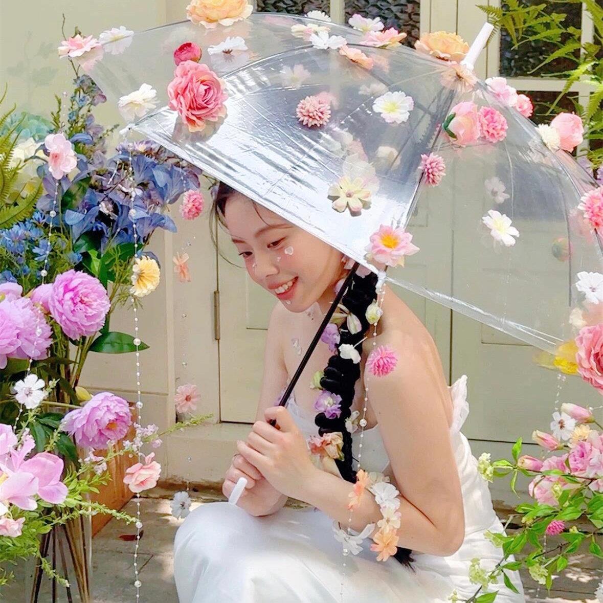 彷真花伞蝴蝶珠炼吊饰透明伞diy装饰网红拍照创意少女感写真道具