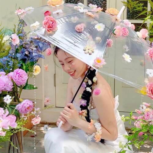 彷真花伞蝴蝶珠炼吊饰透明伞diy装饰网红拍照创意少女感写真道具