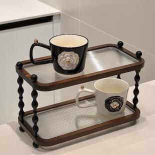 中古风实木桌面杯子置物架家用厨房置物架2025新款台面双层收纳架