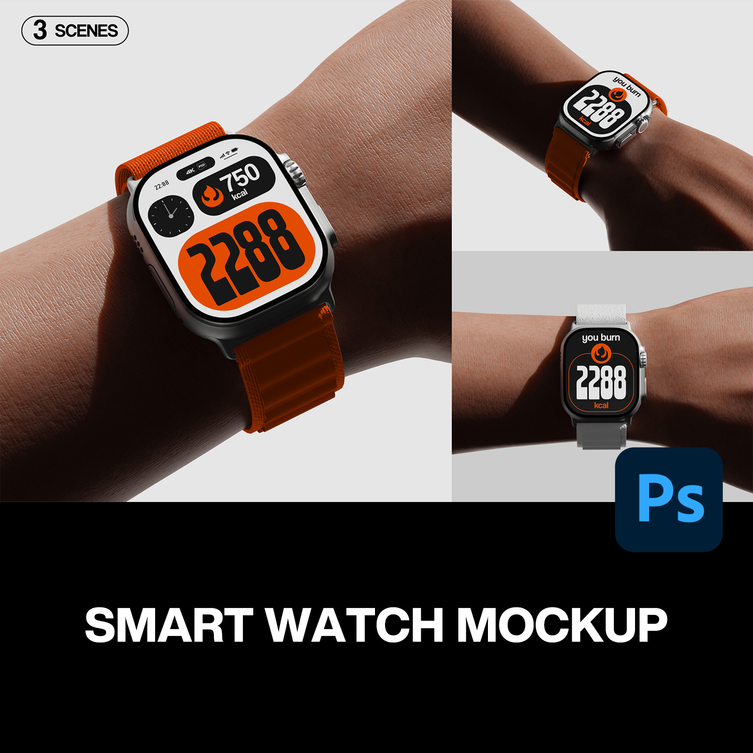 3款苹果Apple Watch智能手表UI设计作品佩戴场景展示效果图ps样机