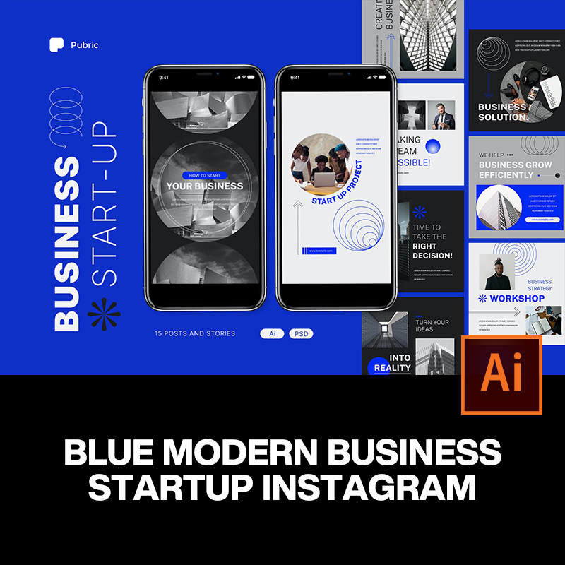 15款蓝色简约商务科技ins公众号推文海报排版设计ai版式素材模版