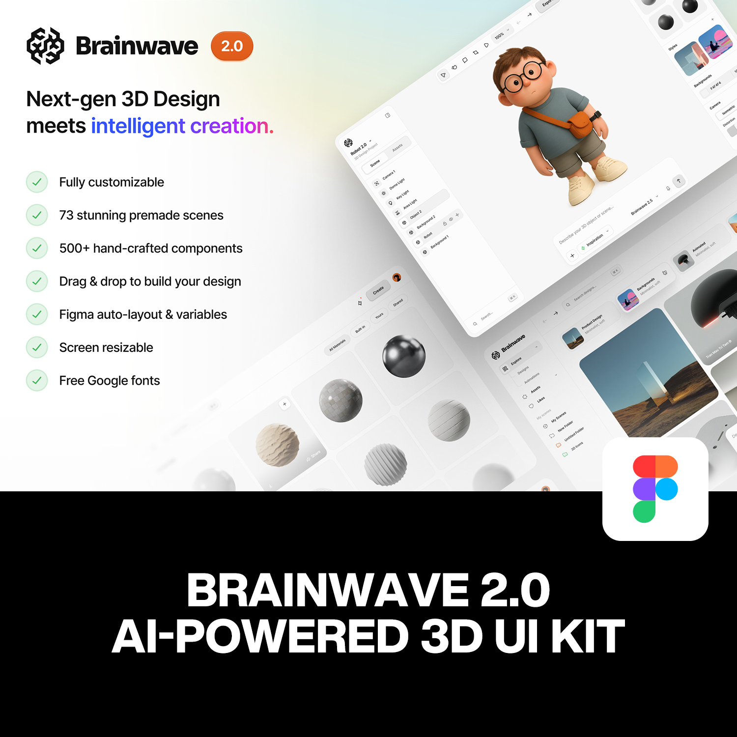 73屏AI人工智能3D模型在线编辑生成工具软件UI用户界面设计模板