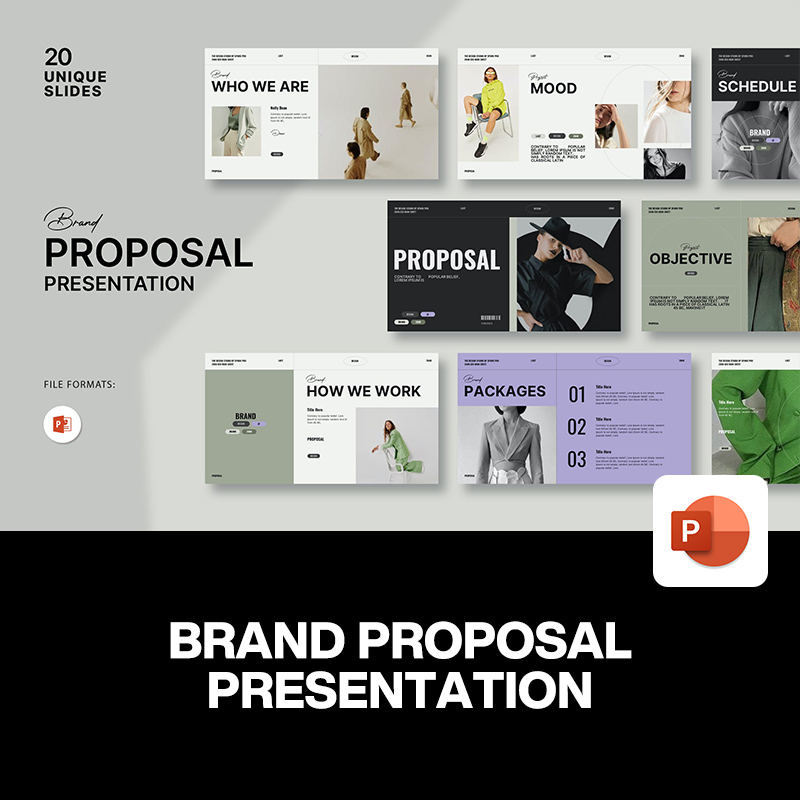 20页简约现代时尚品牌提案公司介绍课件作品集手册排版ppt模板