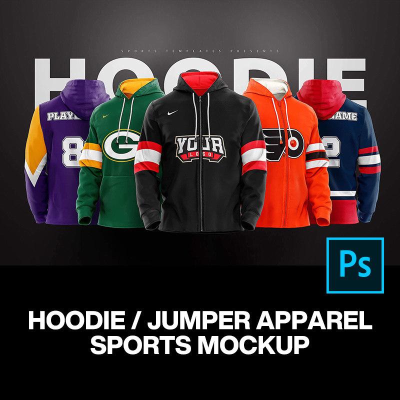 5款3D长袖上衣连帽运动拉链卫衣服装设计ps样机素材展示效果图