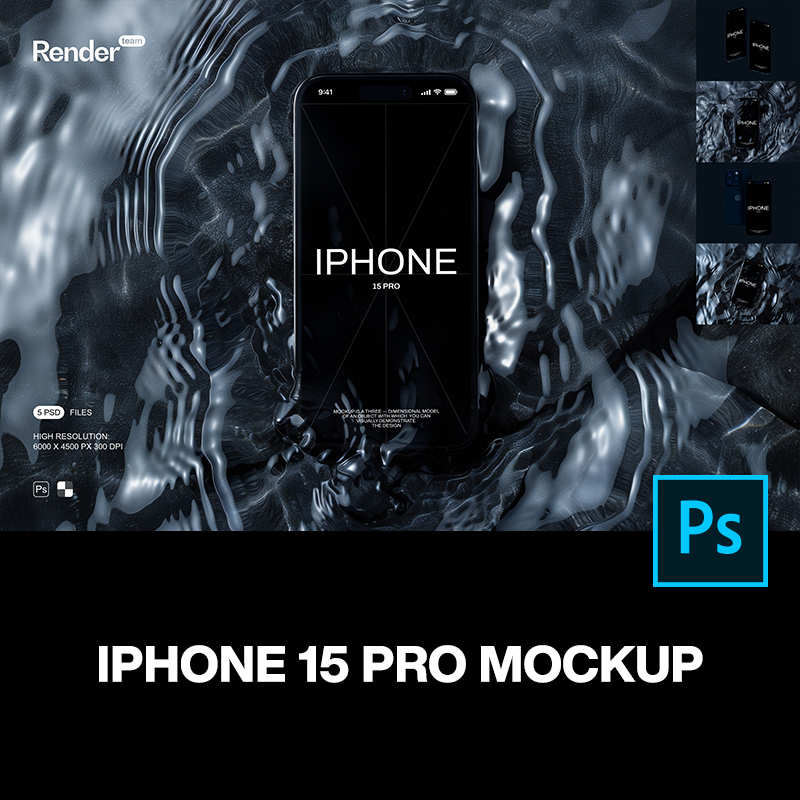 5款科技时尚水波纹iPhone 15手机ui设计作品ps样机素材展示效果图