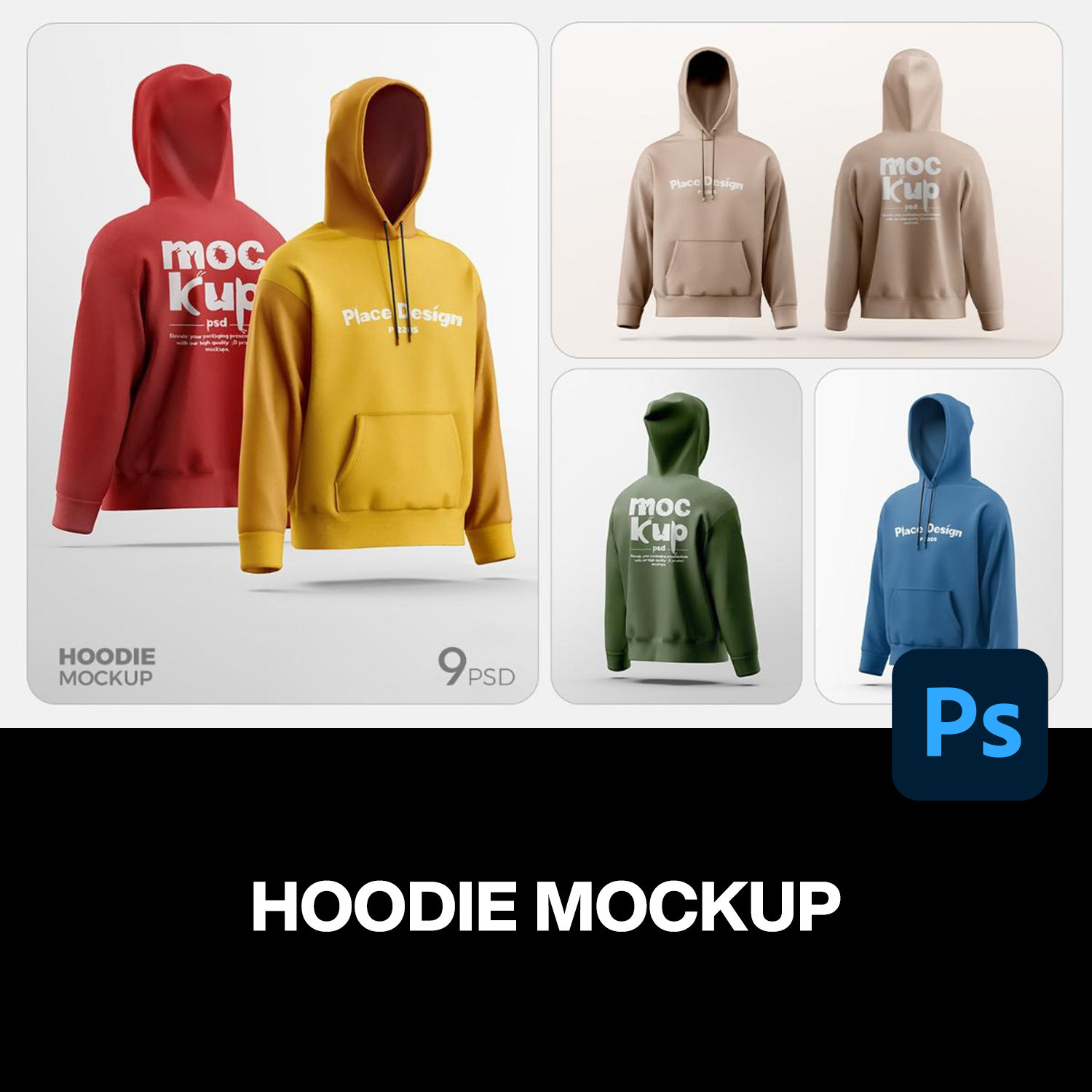 9款3D立体长袖休闲连帽卫衣上衣服装设计展示效果图ps样机素材