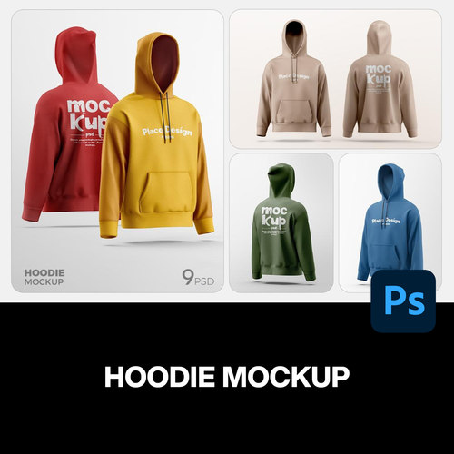 9款3D立体长袖休闲连帽卫衣上衣服装设计展示效果图ps样机素材
