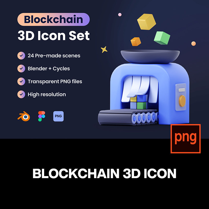 24款3D卡通立体金融交易区块链加密数据icon图标png免抠图片素材